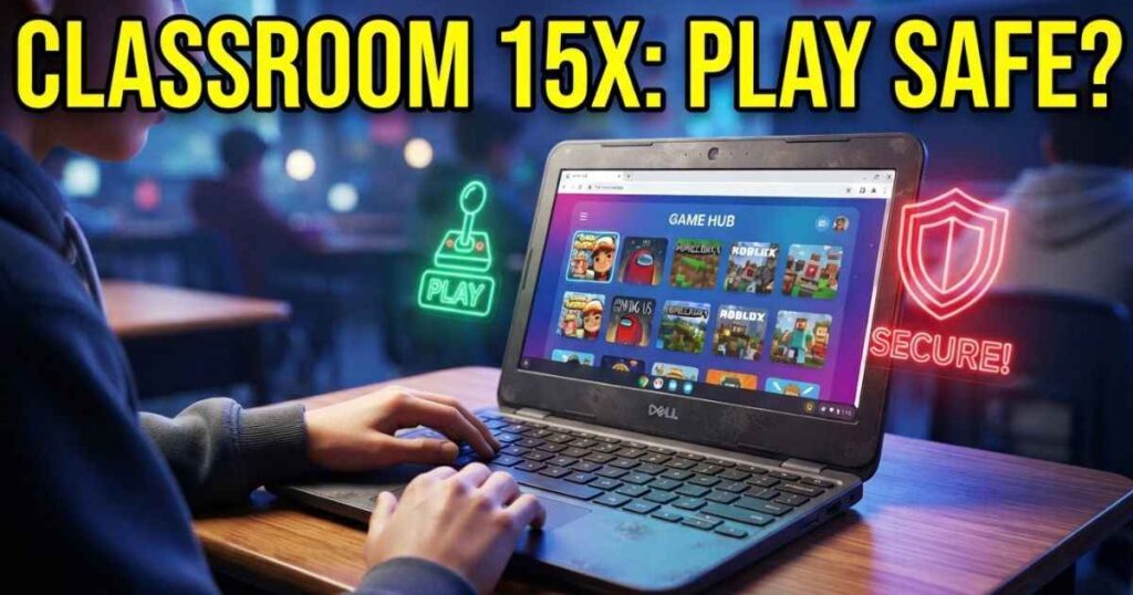 Student hands typing on a dark gray Chromebook resting on a wooden desk, displaying colorful browser game tiles on screen with neon yellow emphasis text reading Classroom 15x.