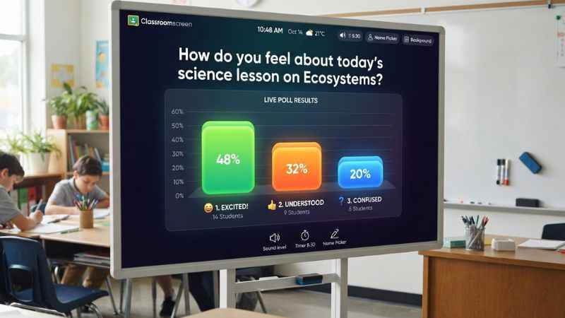 A Classroomscreen live poll display showing real-time student voting results.
