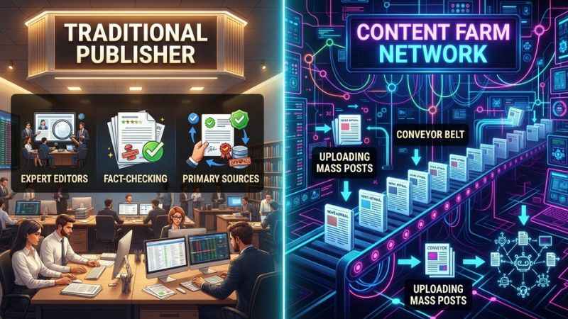 Diagram comparing a traditional editorial newsroom with an automated multi-niche content farm.