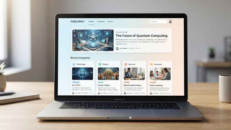 Illustration of a digital publishing platform layout showing article categories.