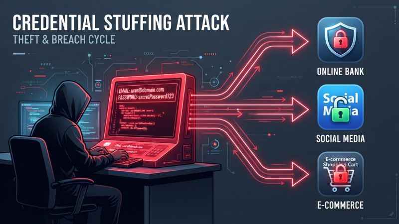 Diagram showing how hackers test stolen passwords across multiple websites in credential stuffing attacks.