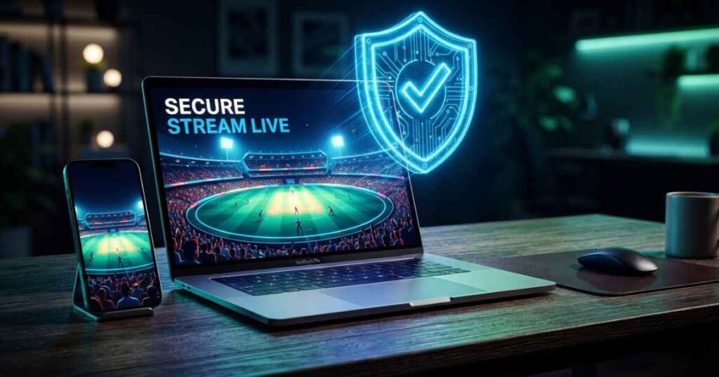 A laptop and smartphone showing a digital cricket stadium screen next to a security shield icon.