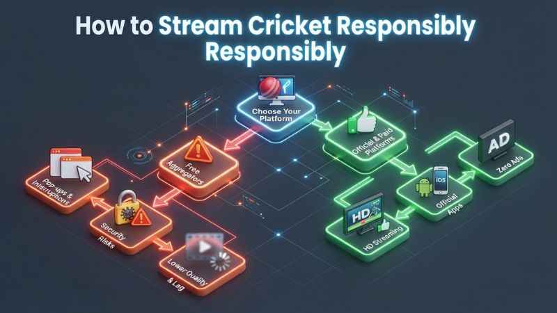A decision flowchart showing options for watching live cricket through free and legal paid platforms.