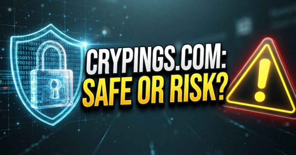 Graphic banner asking if Crypings.com is safe, featuring a digital lock symbol and warning icon.