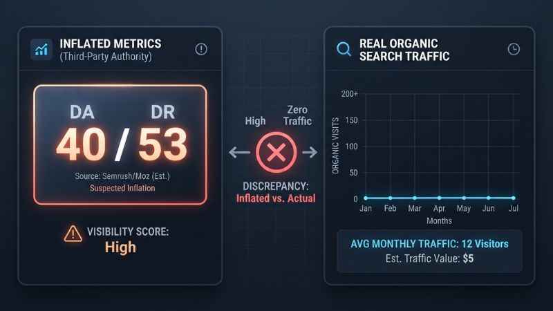 Comparison chart showing third-party domain authority metrics versus estimated search traffic.