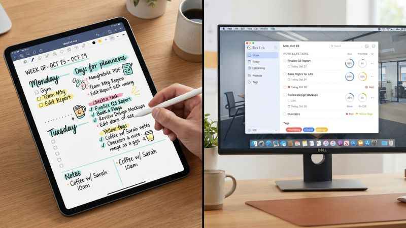 Side-by-side comparison between a handwritten digital PDF planner template and a digital task management app interface.
