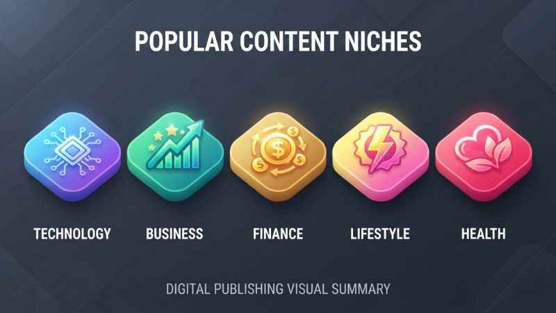 Icons representing technology, business, finance, lifestyle, and health categories.