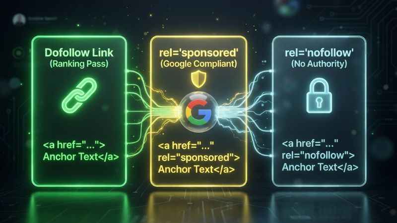 Visual comparison diagram illustrating dofollow, nofollow, and rel sponsored HTML link attributes for SEO guest posting.