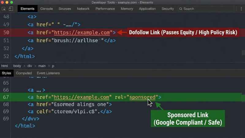 Inspect element browser view showing HTML code for dofollow and sponsored link attributes on a blog page.