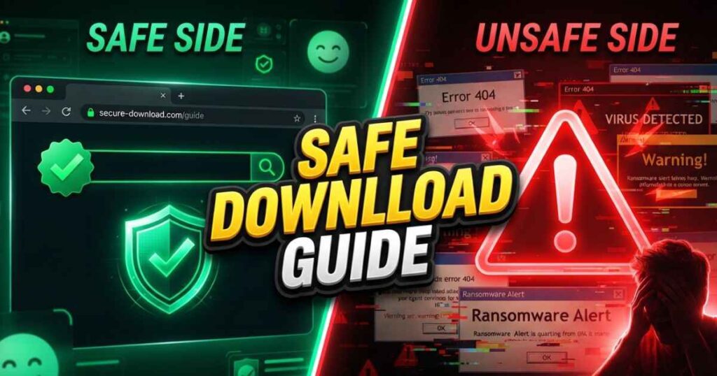 Graphic showing safe versus unsafe web search paths for UStudioBytes software information.