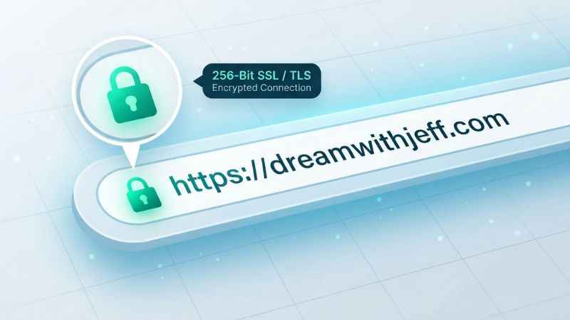 A browser address bar graphic illustrating an HTTPS connection for dreamwithjeff.com.