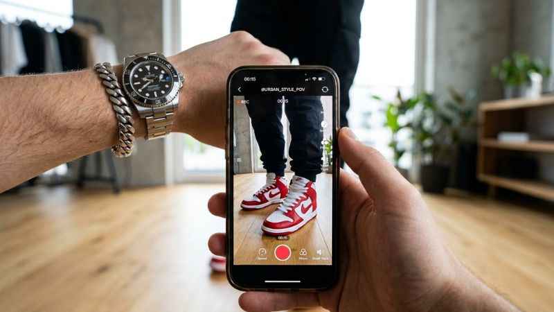 A person recording a video of their shoes and outfit for a drip check on social media.