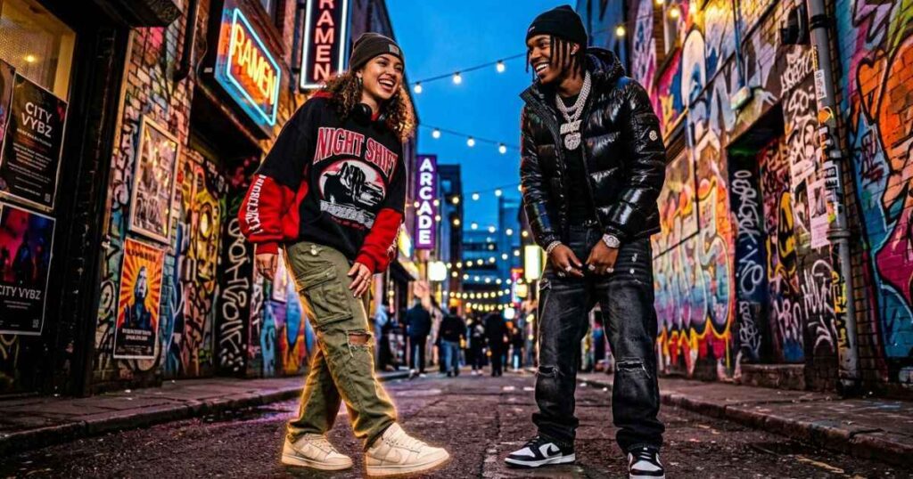 Two friends showing off modern streetwear outfits and sneakers to illustrate drip meaning in slang.
