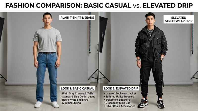 A styled streetwear outfit displaying the difference between drip and a basic fit.