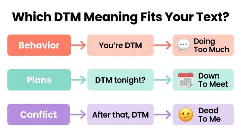 DTM meaning in texting and social media context decision chart showing how to identify slang terms.