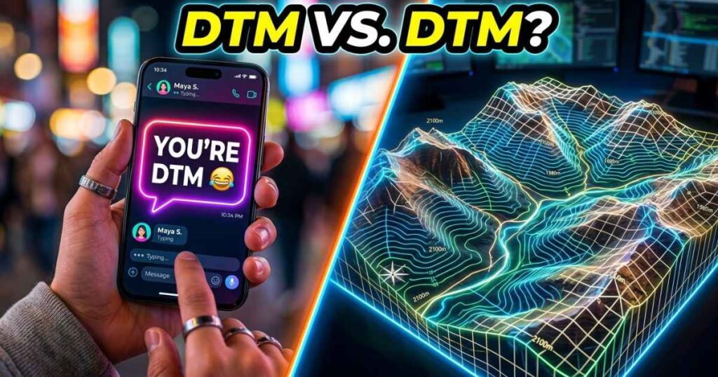 DTM meaning illustration showing a smartphone text message and a digital terrain model map.