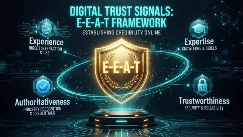 An informational graphic detailing EEAT trust signals for online articles
