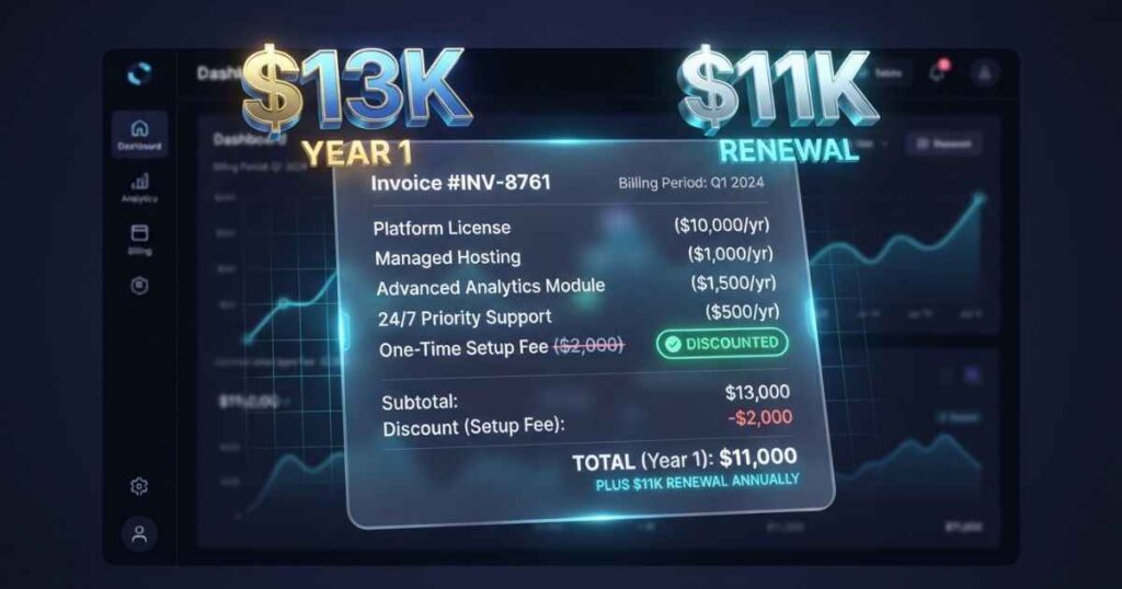Enterprise assessment pricing plans cost breakdown dashboard showing base fees and setup costs