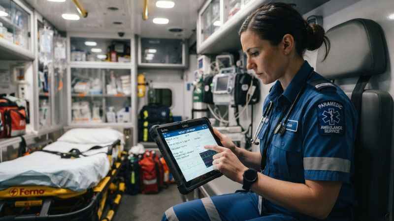 Paramedic using a digital tablet inside an ambulance to document patient care