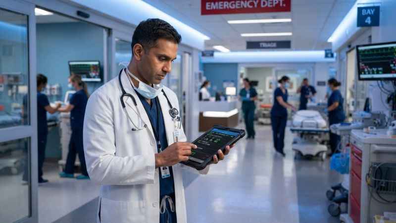 Doctor reviewing shared digital patient files on a tablet in a hospital setting
