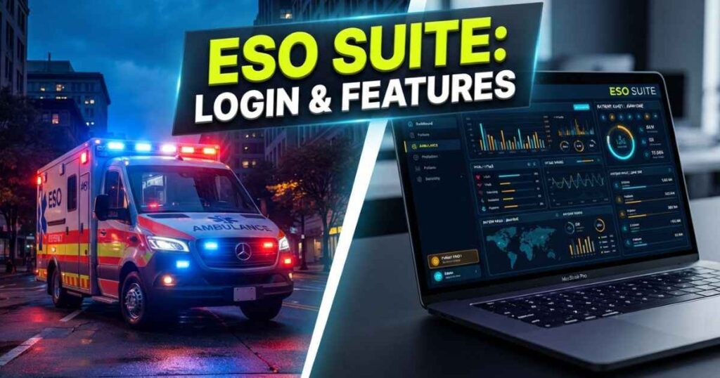 ESO Suite software overview banner showing ambulance and digital dashboard