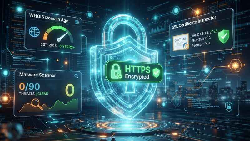 Infographic displaying website security verification tools including SSL HTTPS lock, WHOIS domain lookup, and malware scanning status checks.