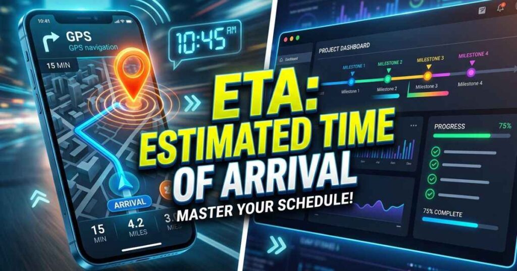 Infographic explaining the meaning of ETA in travel maps and workplace task management.