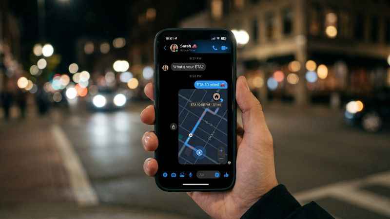 Smartphone text message conversation asking for an ETA with a map location update.