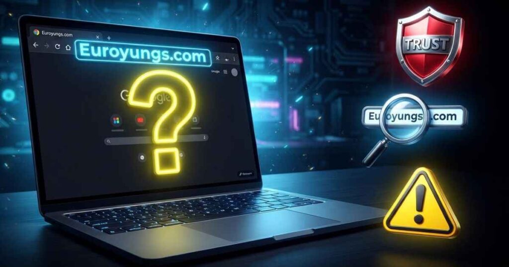 Proposed illustration of a laptop screen displaying Euroyungs com with security verification icons and a question mark.