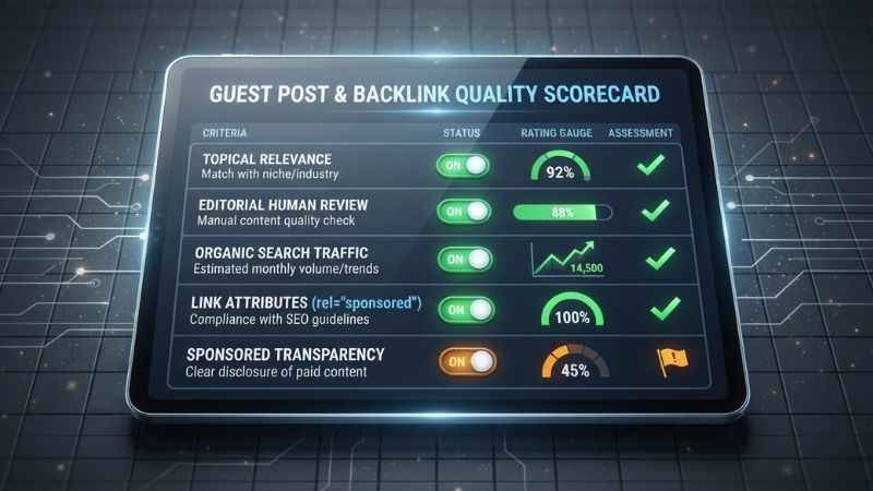 A guest post quality evaluation scorecard used for checking backlink safety on Extroly com.