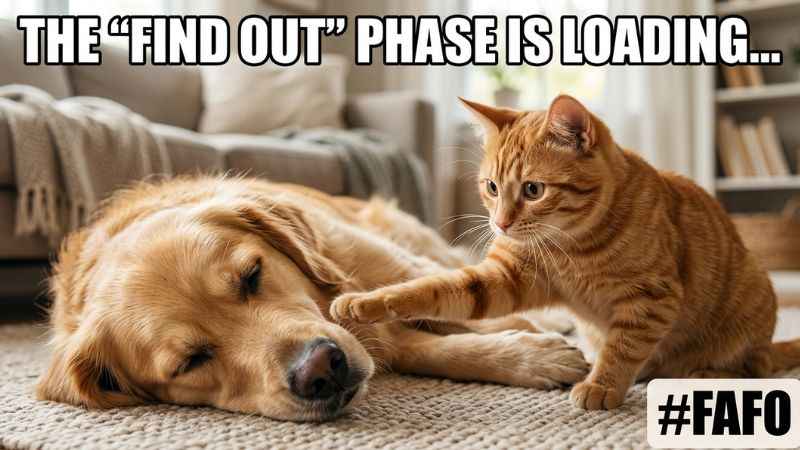 Social media meme illustrating FAFO slang meaning with a cat and dog