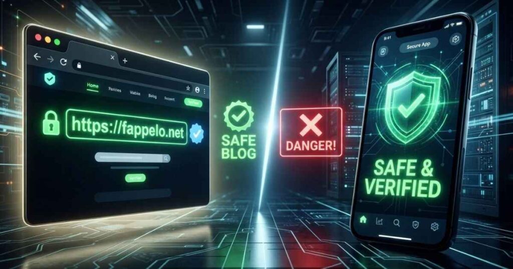 Diagram showing how to verify the fappelo.net website address safely on a computer and smartphone screen.