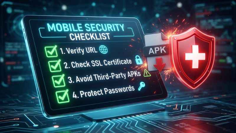 Digital security checklist diagram outlining steps to verify website safety and avoid unofficial mobile app downloads.