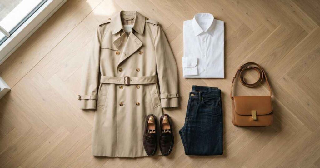 Neutral capsule wardrobe flat lay showing trench coat, white button down, denim jeans, and leather loafers for fashion tips lwspeakstyle.