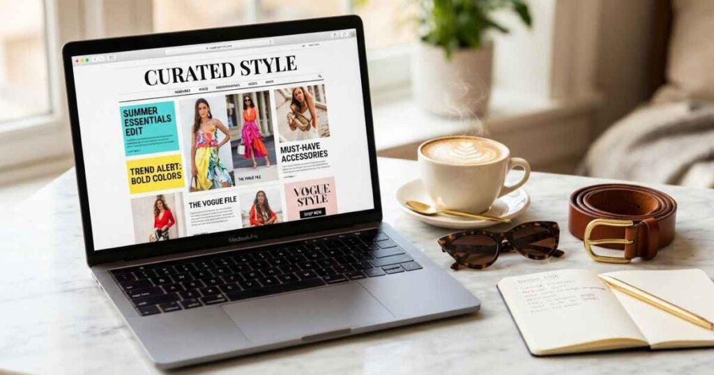 A laptop displaying a digital fashion magazine alongside lifestyle accessories and a notebook.