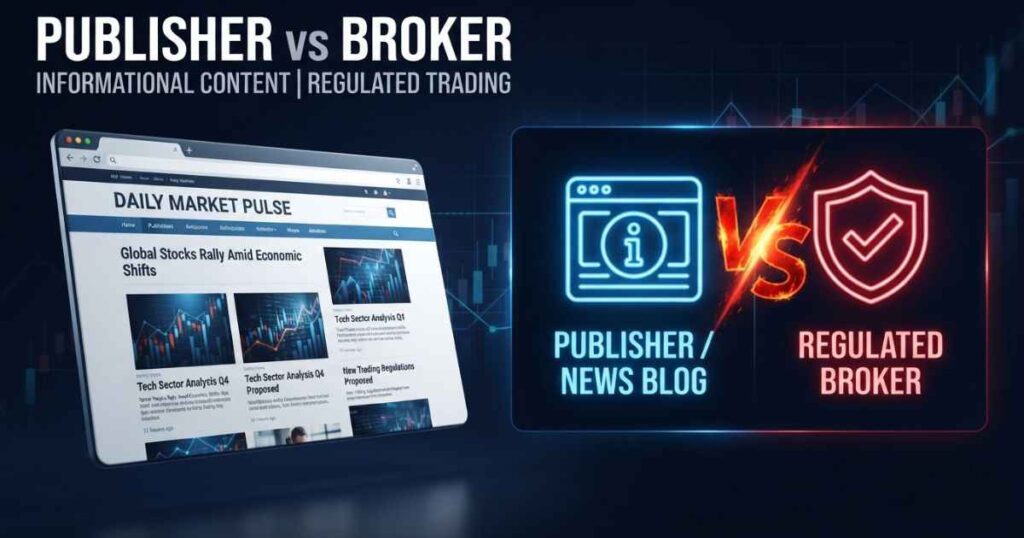 Explanatory graphic showing structural differences between a general finance publisher and a regulated broker.