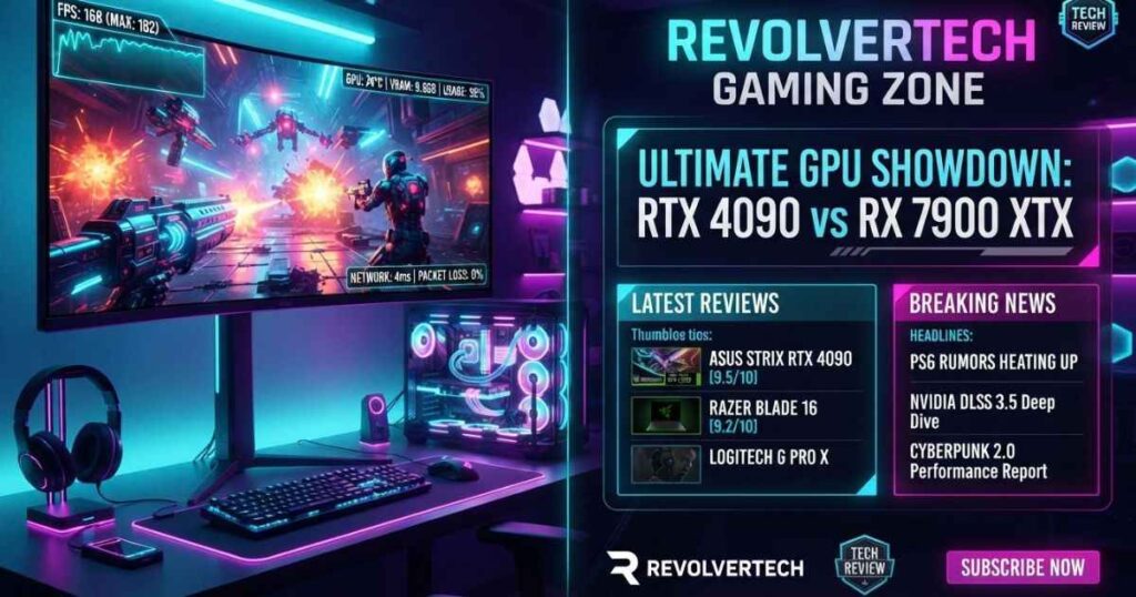 Digital graphic illustrating RevolverTech gaming coverage, news feeds, and hardware articles.