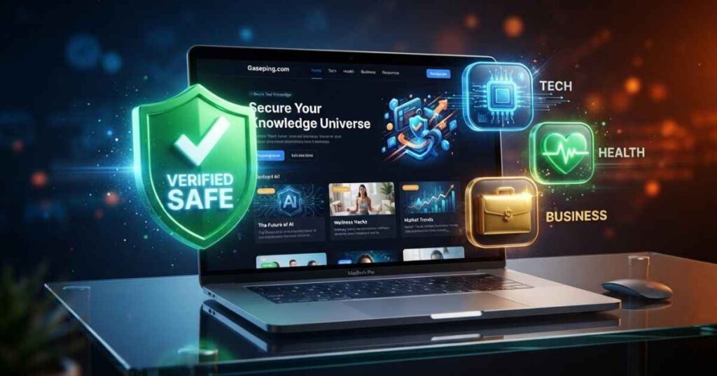 A laptop displaying the gaseping com website next to a green safety verification icon.