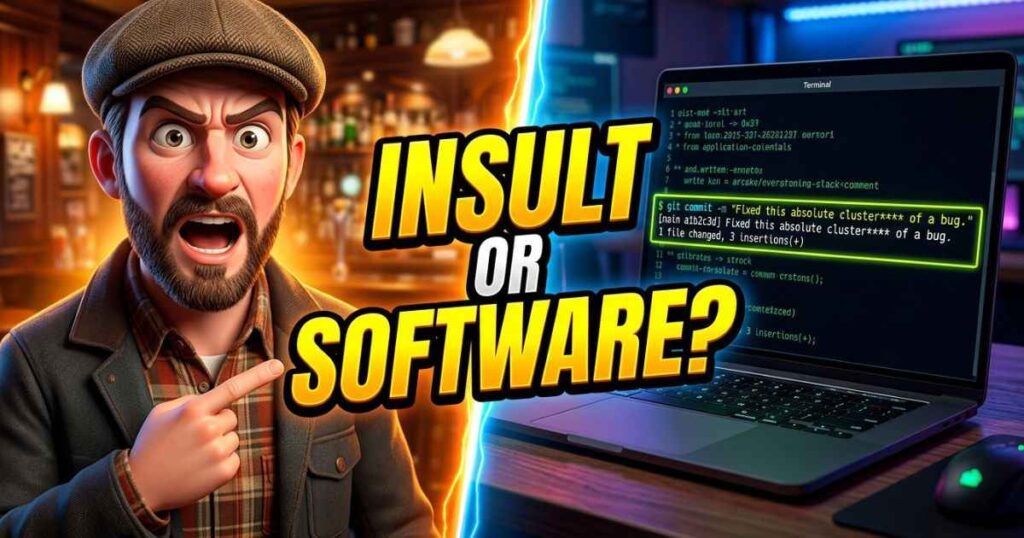 An illustration depicting British slang context on one side and developer software code on the other.