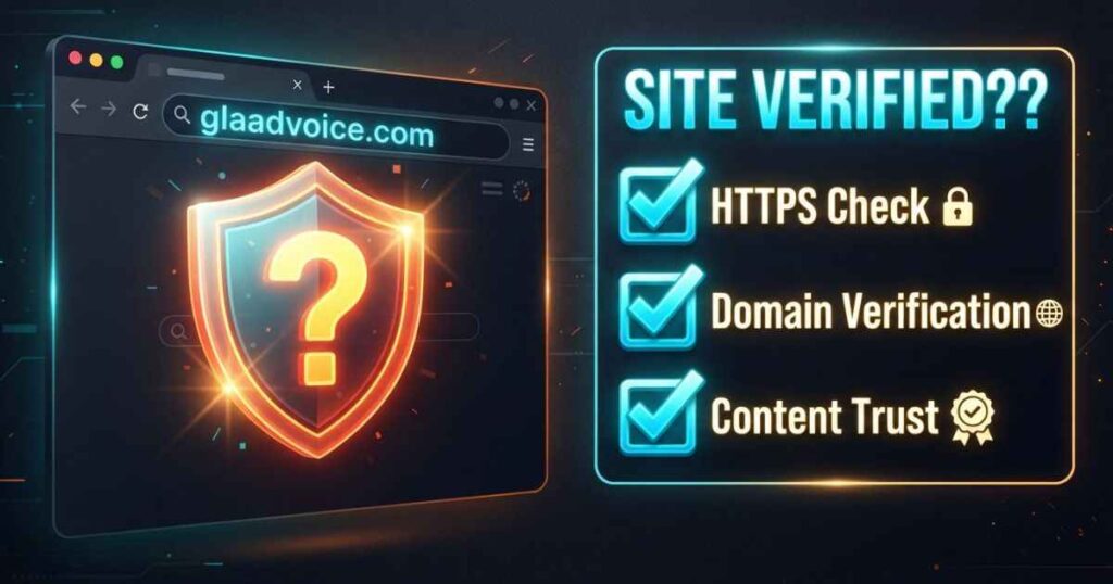 A digital illustration presenting an illustrative website review checklist and safety verification steps for glaadvoice com.