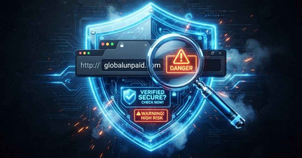 Conceptual illustration of a security shield analyzing a web address for safety.