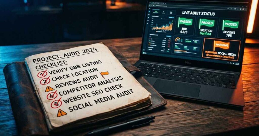 Digital marketing agency evaluation checklist and contract review on a wooden desk