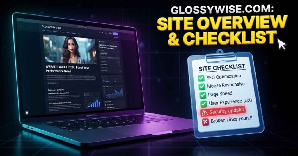 Illustrated guide showing a web browser with a site evaluation checklist for glossywise com.