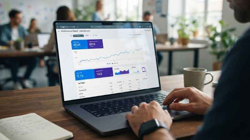 Google Search Console performance dashboard showing search impressions and organic clicks