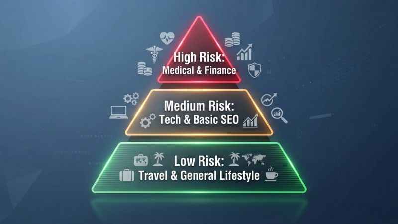 A three-tier pyramid infographic illustrating low, medium, and high risk content categories for website fact-checking.
