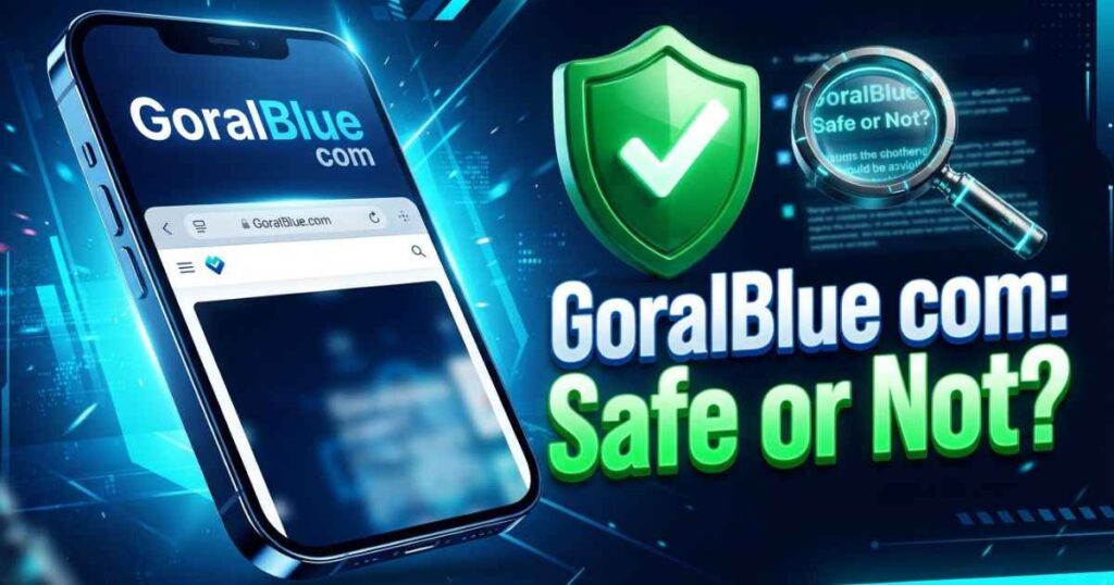 A high-contrast graphic concept showing a smartphone displaying GoralBlue com alongside a green safety shield and a magnifying glass.