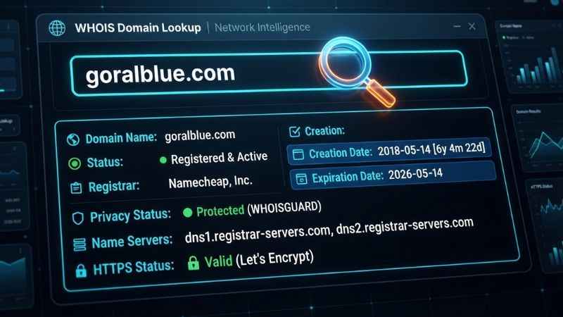 A sleek digital dashboard illustration displaying WHOIS domain metrics and registration details for goralblue com.