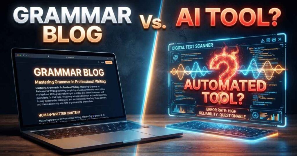Analytical concept visual showing a comparison between a grammar blog website and an automated proofreading app.