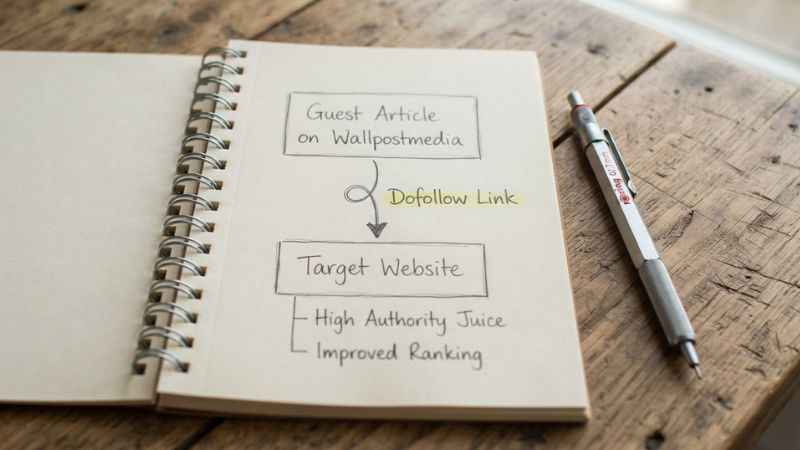 Handwritten diagram showing how guest posting creates a backlink to a destination website.