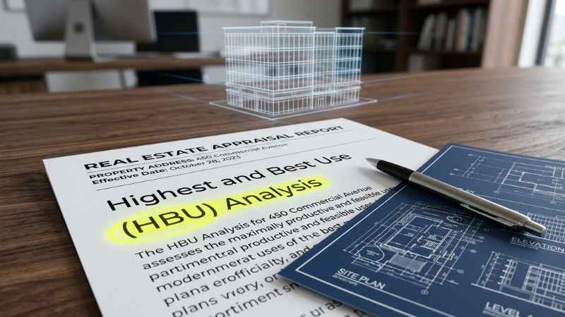 A real estate document highlighting HBU as the abbreviation for Highest and Best Use in property valuation.